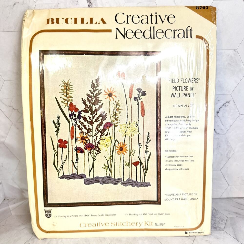 NOS Vtg Bucilla Creative Needlecraft Crewel Kit FIELD FLOWERS 21x27” Panel #8707